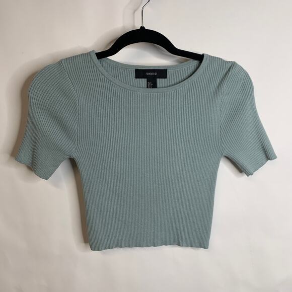 Pale Sage Green Cropped Ribbed Short Sleeve Sweater Sz Small - Picture 5 of 7